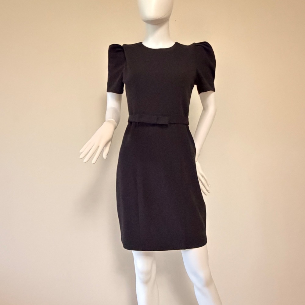 Express Women's Black Puff Sleeve Sheath Dress Bow Belt Gold Zipper Size SP